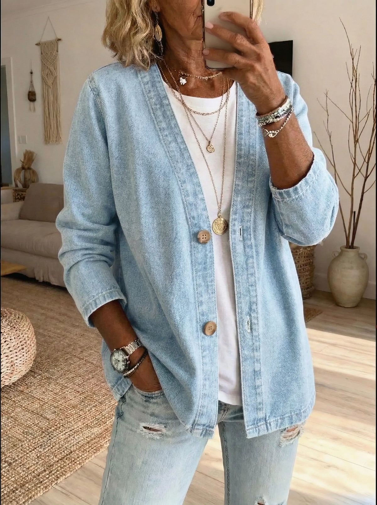 Casaco Feminino Denim Botões Corte Reto