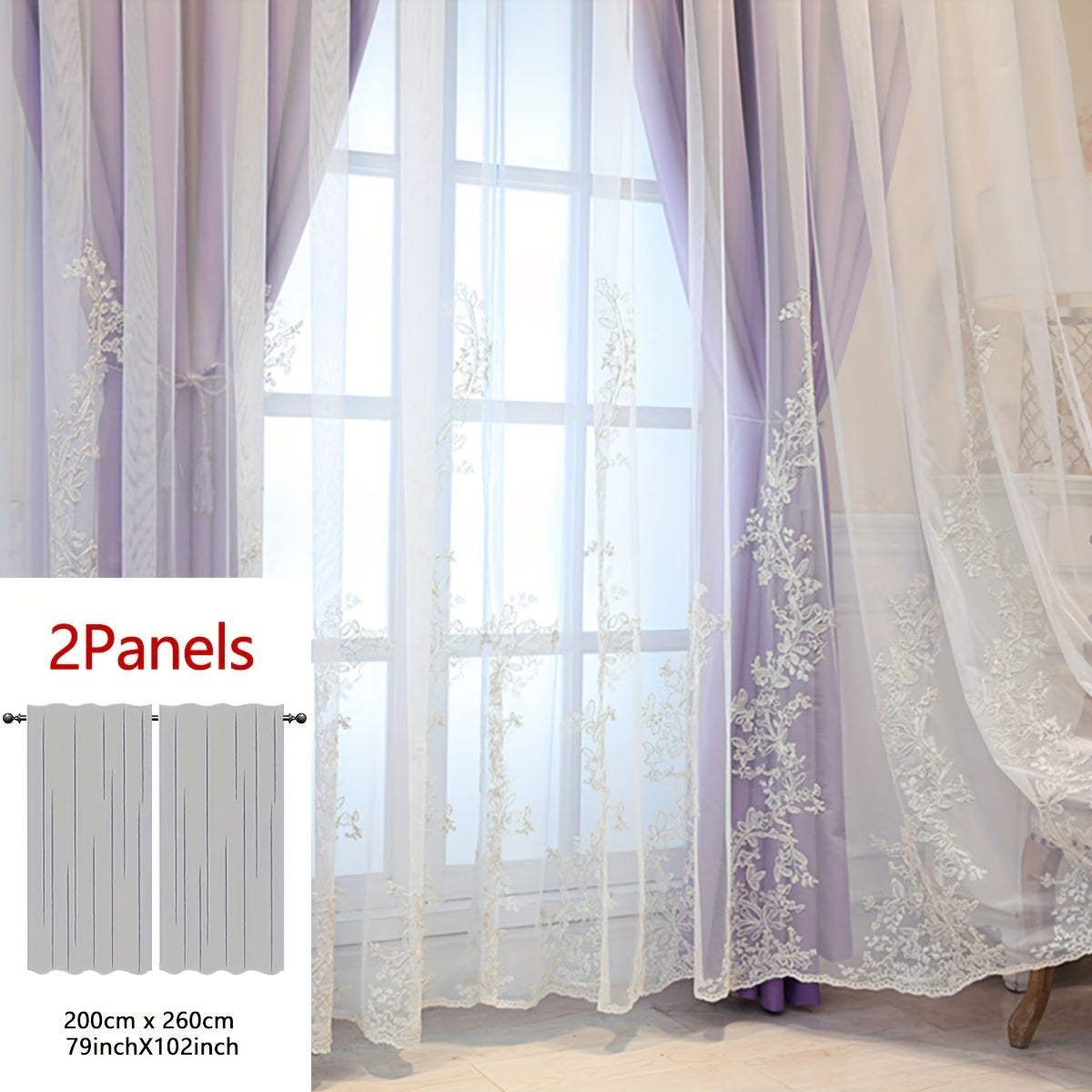 Reva | Cortinas Bordadas Fadas | Filtragem de Luz, Conjunto 2 Painéis | 100% Poliéster, Argolas