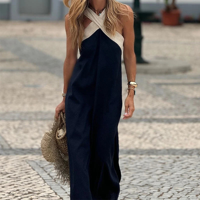 Mulher Vestido Maxi Decote Cruzado Costas Abertas
