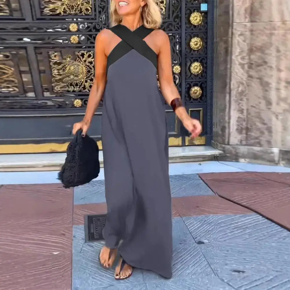Mulher Vestido Maxi Decote Cruzado Costas Abertas