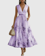 Calla | Vestido Midi Floral Feminino Sem Mangas Linha A