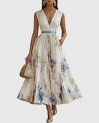 Calla | Vestido Midi Floral Feminino Sem Mangas Linha A