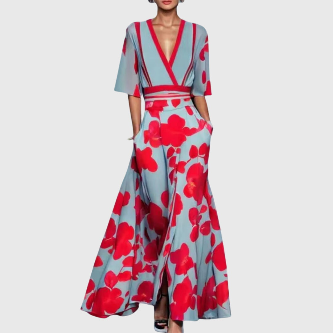 Vestido Feminino Floral com Cinto e Saia Evasê