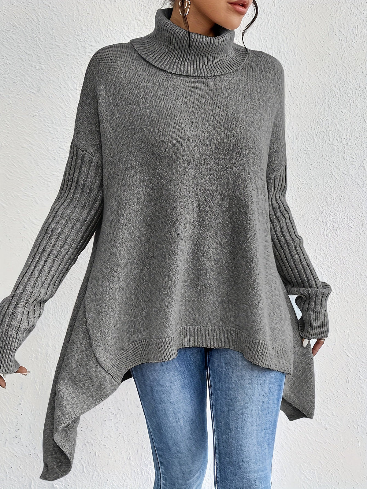 Mulher Camisola Tricot Gola Alta Assimétrica