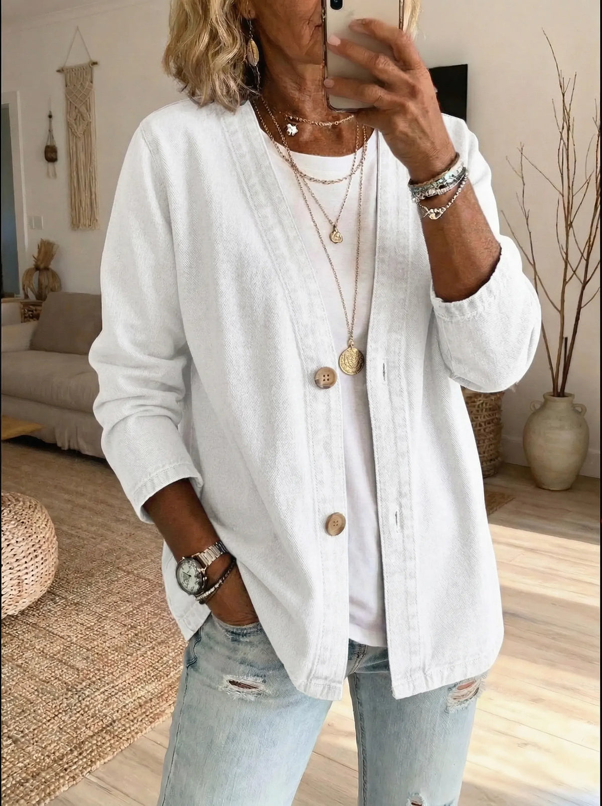 Cardigan Feminino | Denim, Corte Reto | Botões Frontais, Estilo Casual