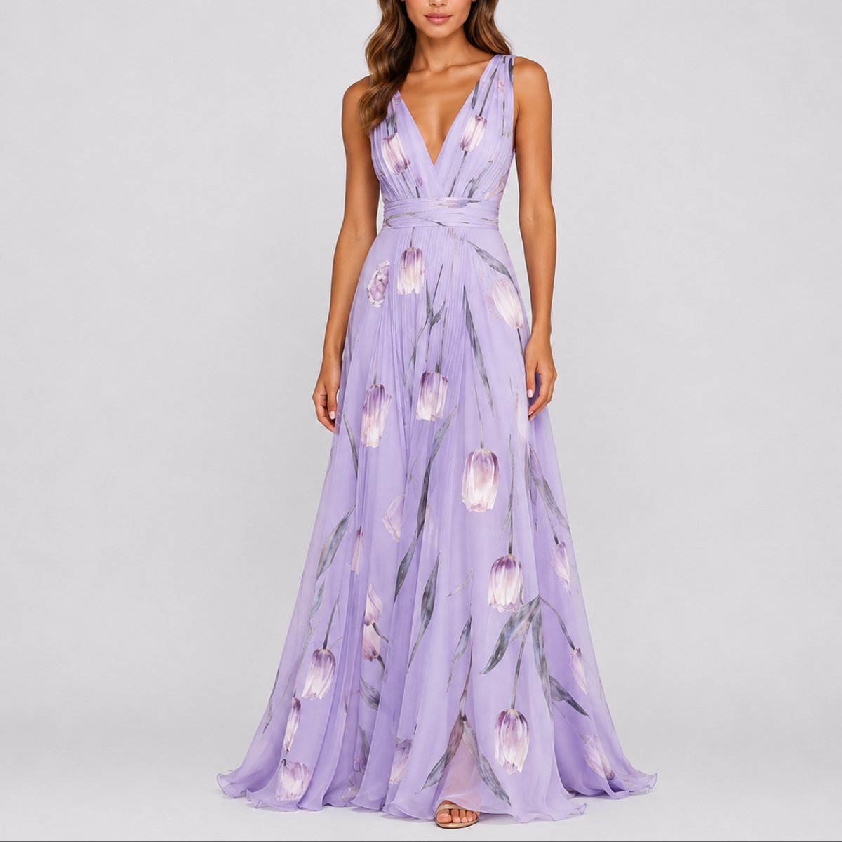 Lyra | Vestido Maxi Chiffon Floral Decote V Profundo Convidada Casamento