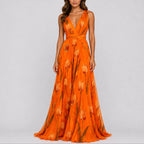 Lyra | Vestido Maxi Chiffon Floral Decote V Profundo Convidada Casamento
