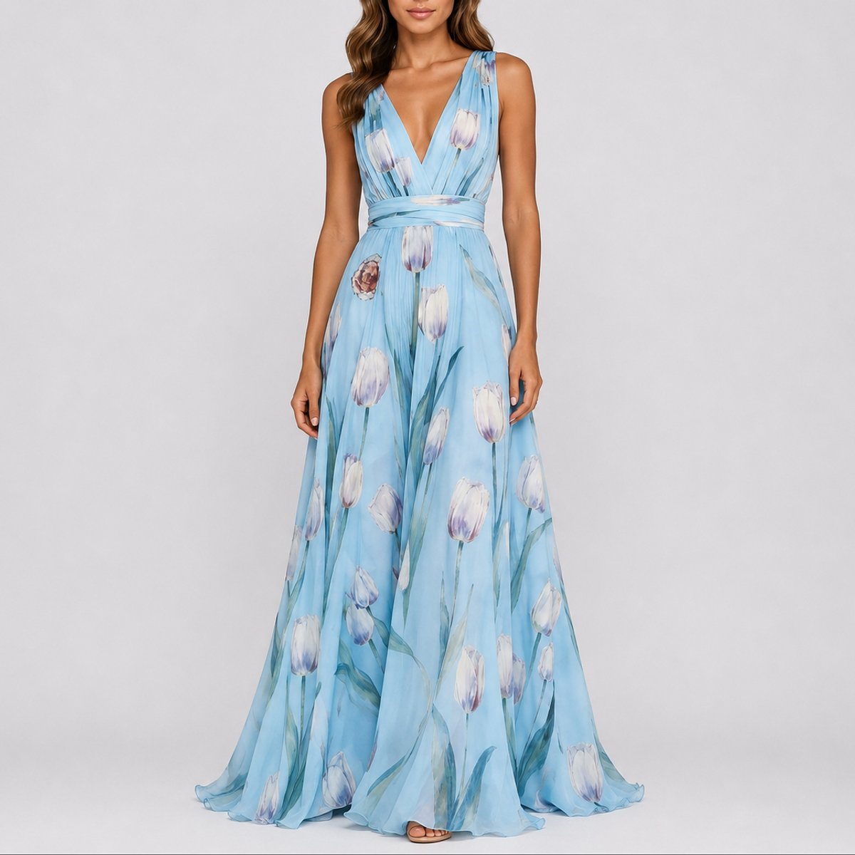 Lyra | Vestido Maxi Chiffon Floral Decote V Profundo Convidada Casamento