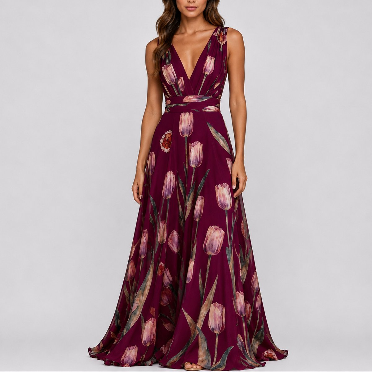 Lyra | Vestido Maxi Chiffon Floral Decote V Profundo Convidada Casamento