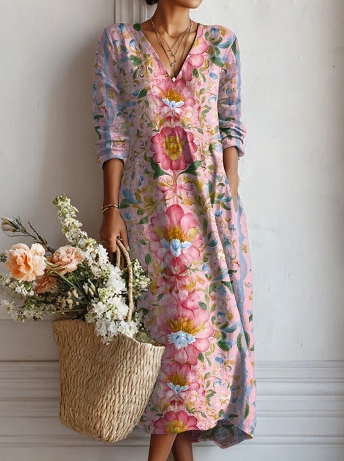 Mulher Vestido Midi Floral Decote V Manga Três Quartos