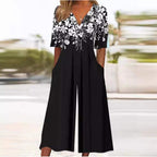 Valentina | Mulher Jumpsuit Floral Boho Decote V Meia Manga
