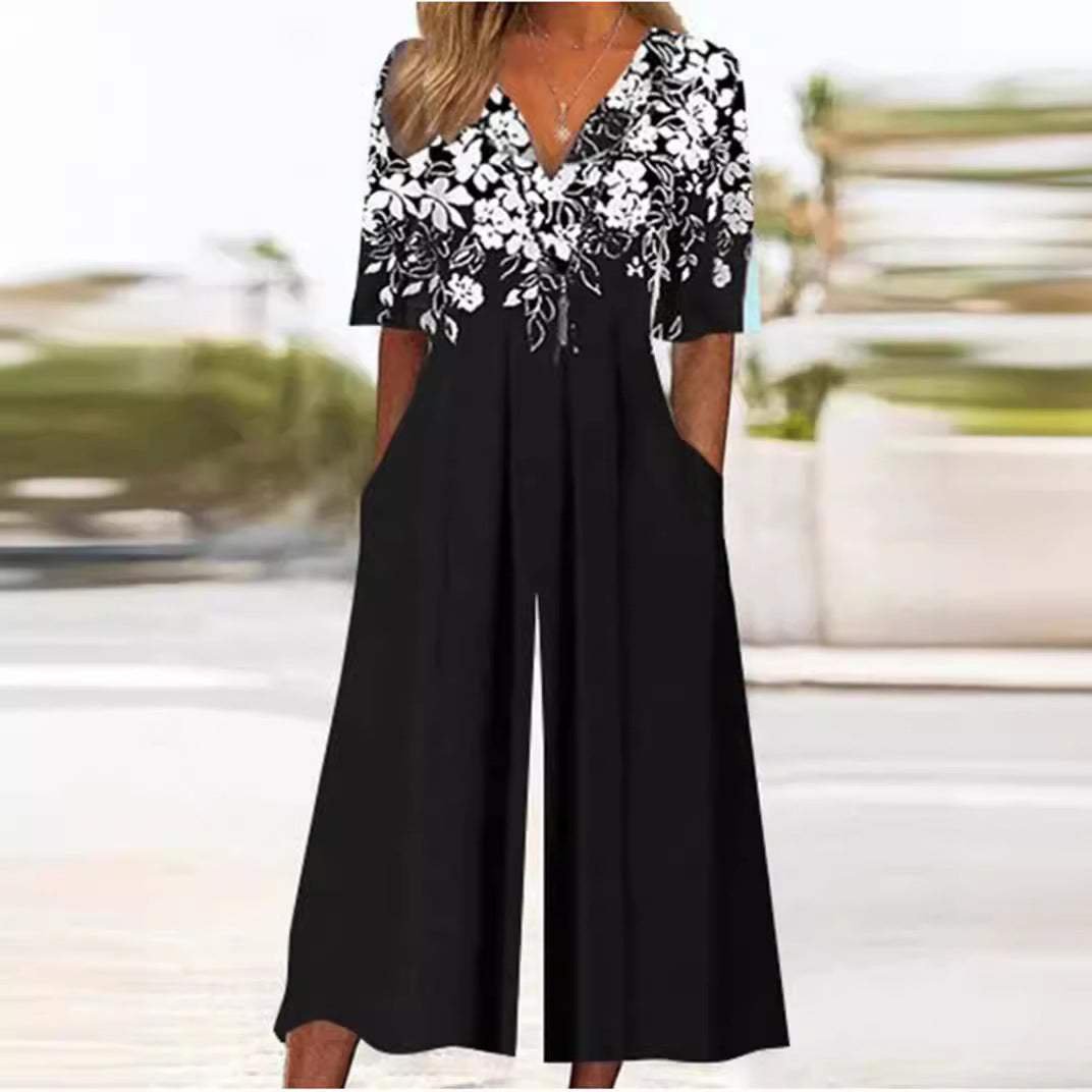 Valentina | Mulher Jumpsuit Floral Boho Decote V Meia Manga
