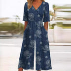 Valentina | Mulher Jumpsuit Floral Boho Decote V Meia Manga