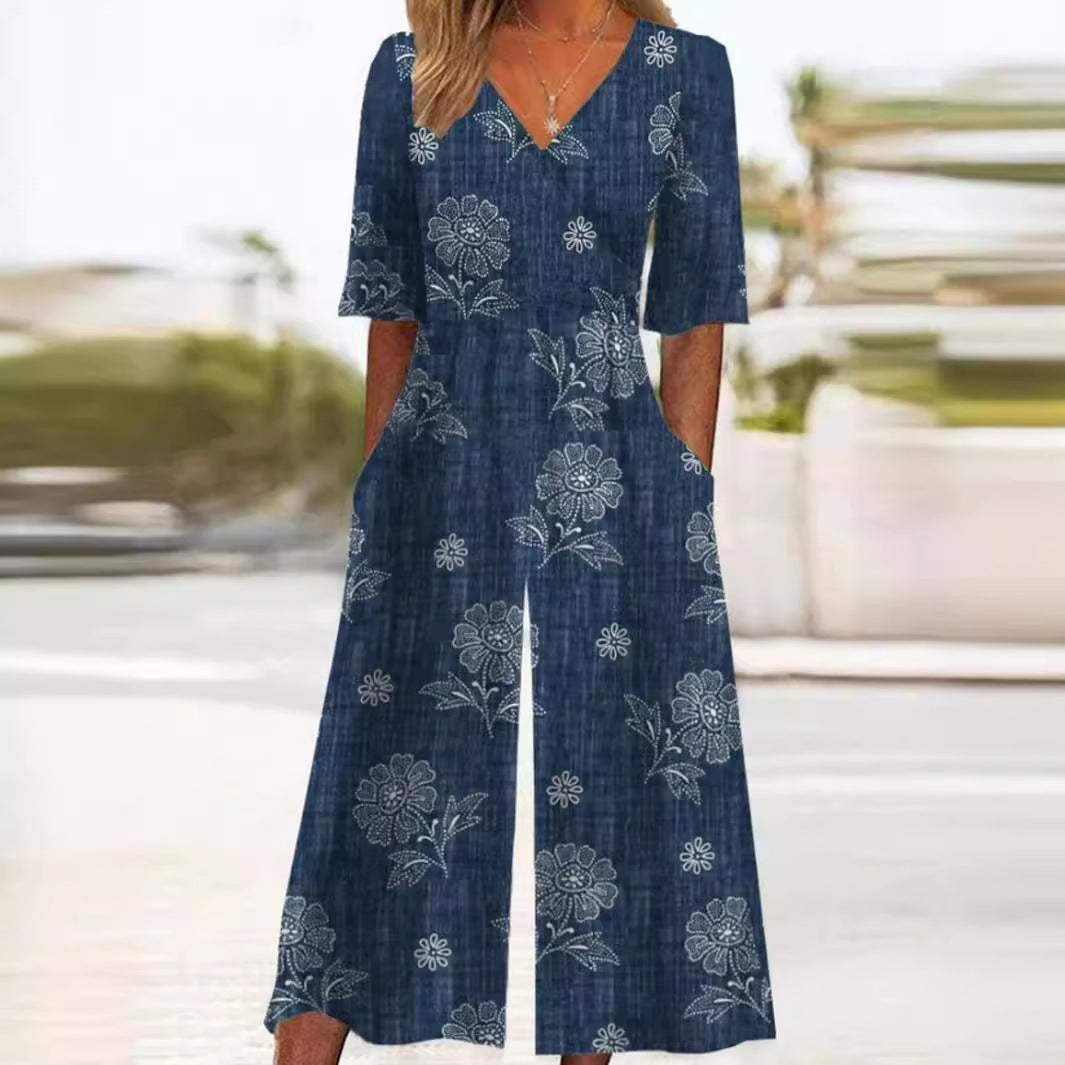 Valentina | Mulher Jumpsuit Floral Boho Decote V Meia Manga