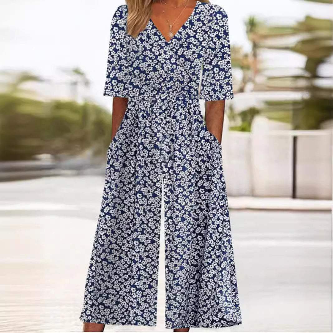 Valentina | Mulher Jumpsuit Floral Boho Decote V Meia Manga