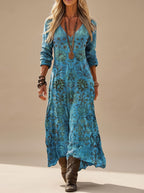 Jade | Vestido Maxi Feminino Boho Floral Manga Longa Decote V