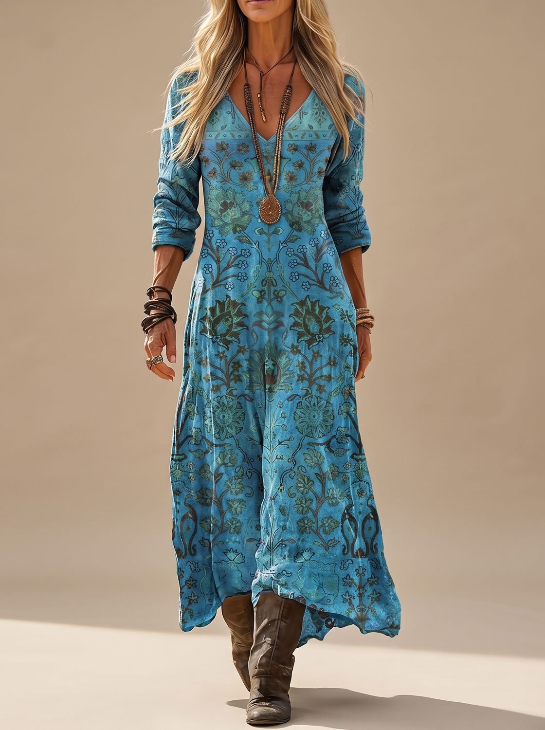 Jade | Vestido Maxi Feminino Boho Floral Manga Longa Decote V
