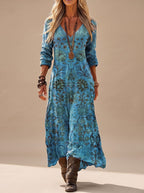 Jade | Vestido Maxi Feminino Boho Floral Manga Longa Decote V