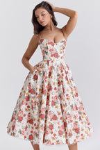 Freya | Vestido Midi Feminino Evasê com Alças Ajustáveis e Bojo