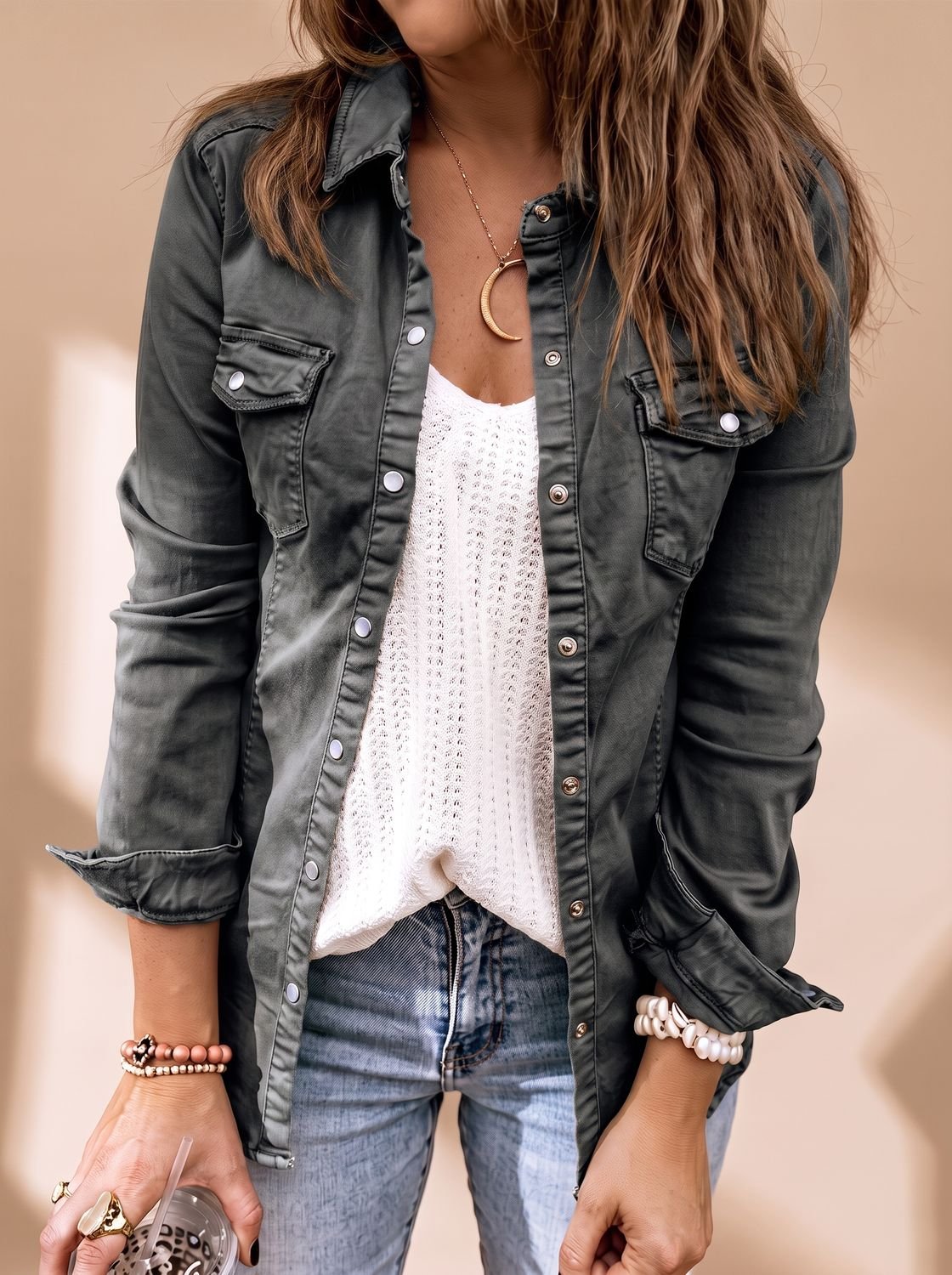 Noor | Mulher Jaqueta Jeans Gola Camisa Bolsos