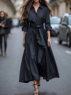 Leah | Vestido Maxi Feminino Manga Longa Camiseiro com Cinto