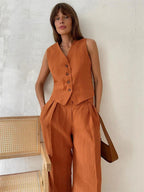 Maren | Conjunto Feminino Linho 2 Peças Colete Calça Pantalona