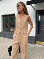 Maren | Conjunto Feminino Linho 2 Peças Colete Calça Pantalona