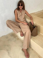 Maren | Conjunto Feminino Linho 2 Peças Colete Calça Pantalona