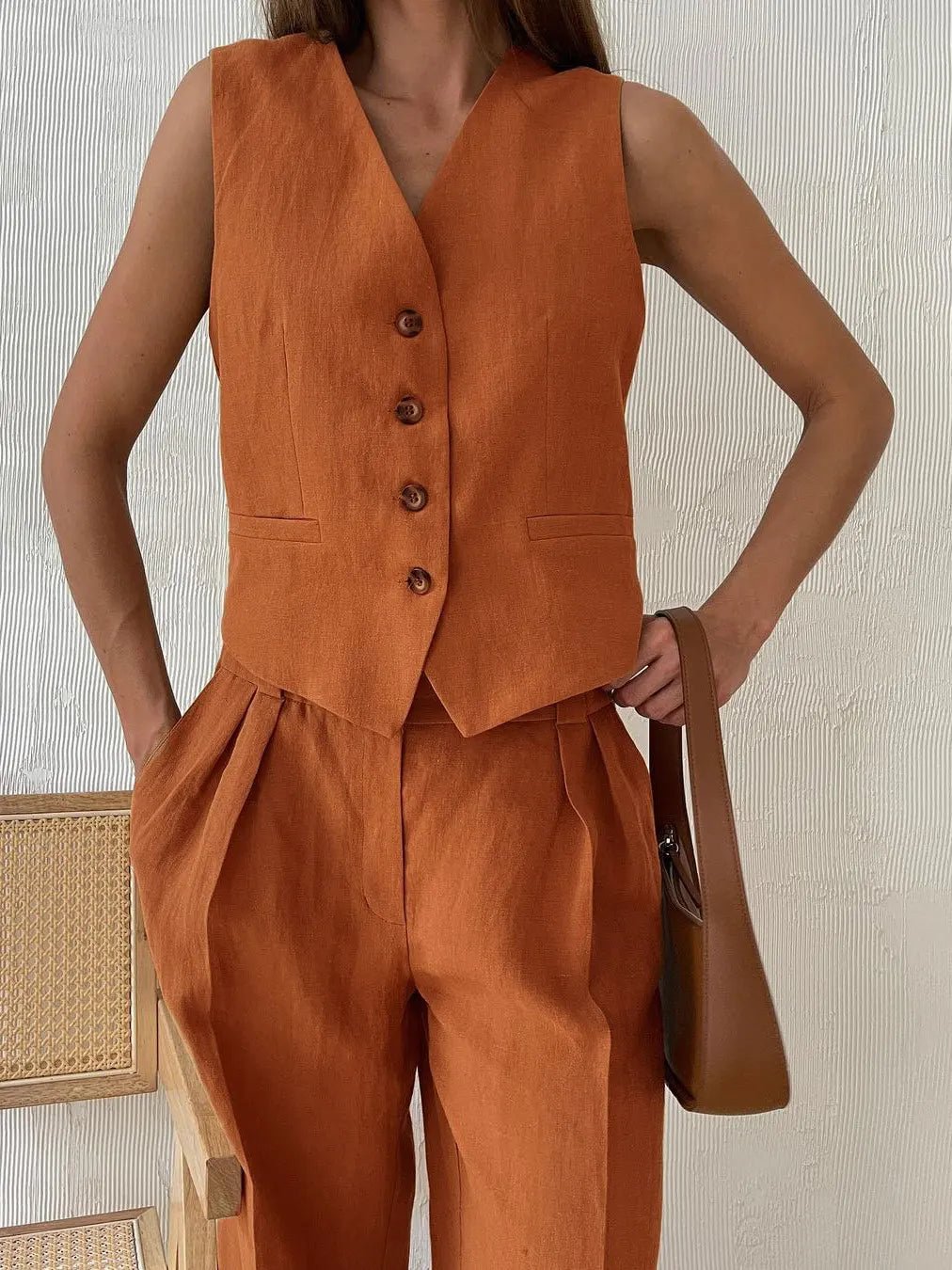 Maren | Conjunto Feminino Linho 2 Peças Colete Calça Pantalona