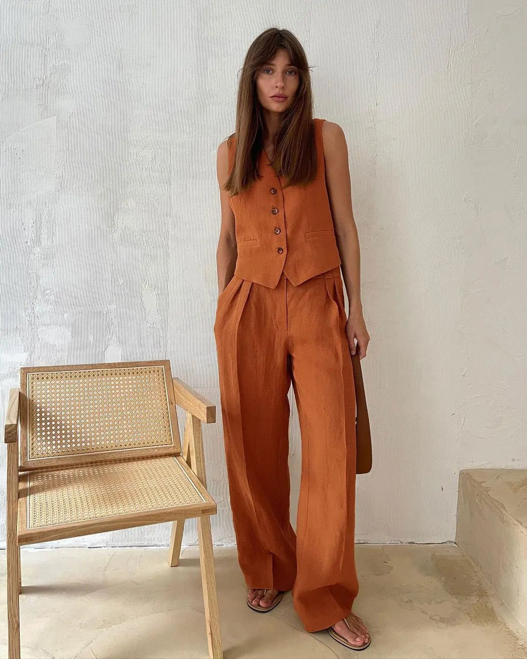 Maren | Conjunto Feminino Linho 2 Peças Colete Calça Pantalona