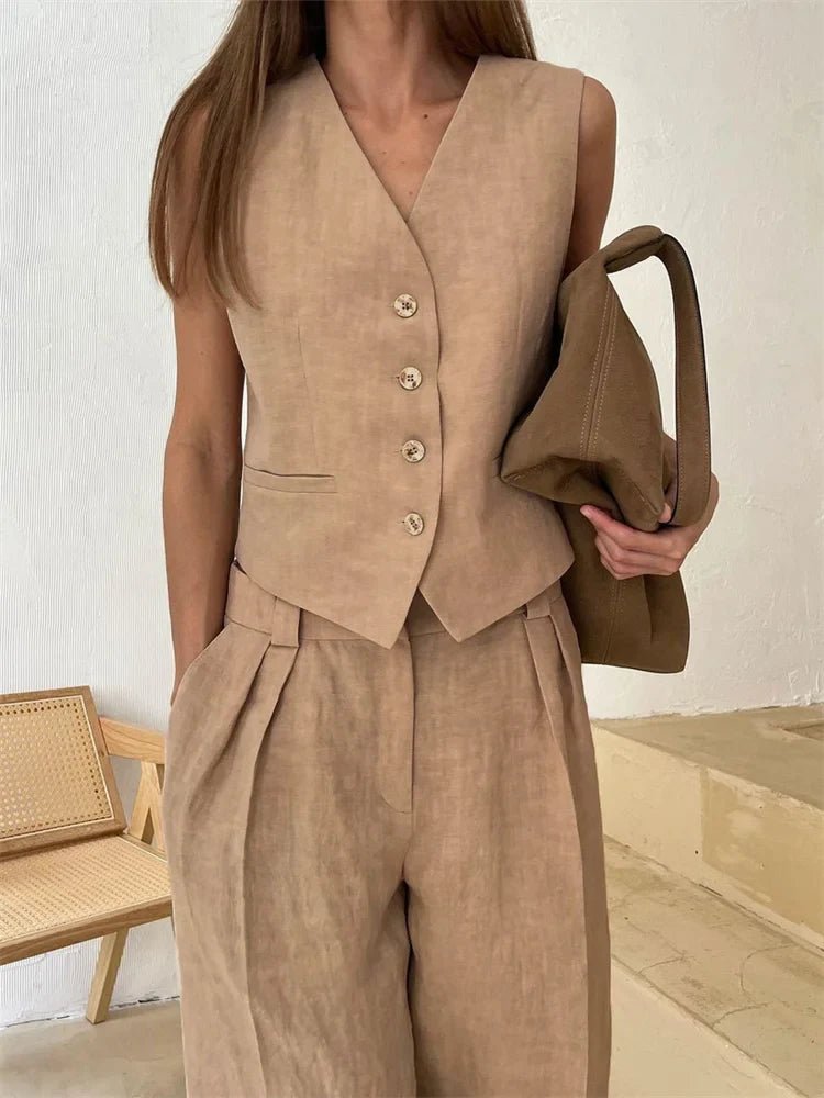 Maren | Conjunto Feminino Linho 2 Peças Colete Calça Pantalona