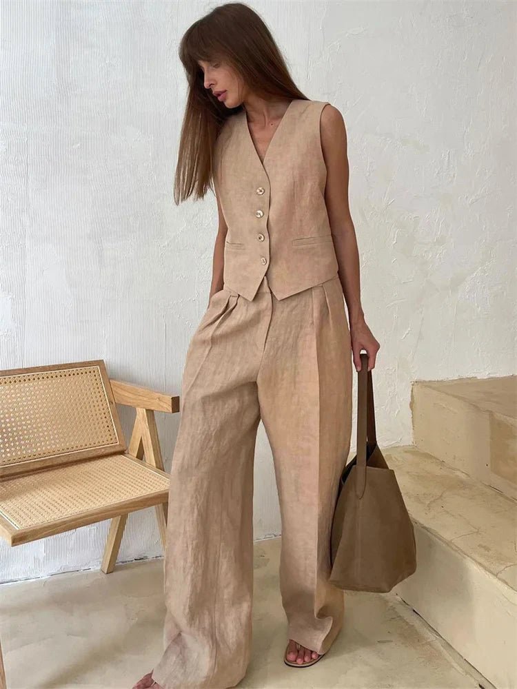 Maren | Conjunto Feminino Linho 2 Peças Colete Calça Pantalona