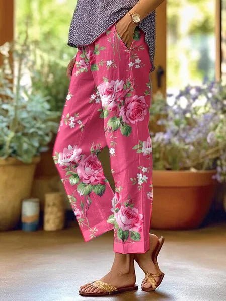 Kestrel | Calças Femininas Florais Soltas Cintura Média com Bolsos