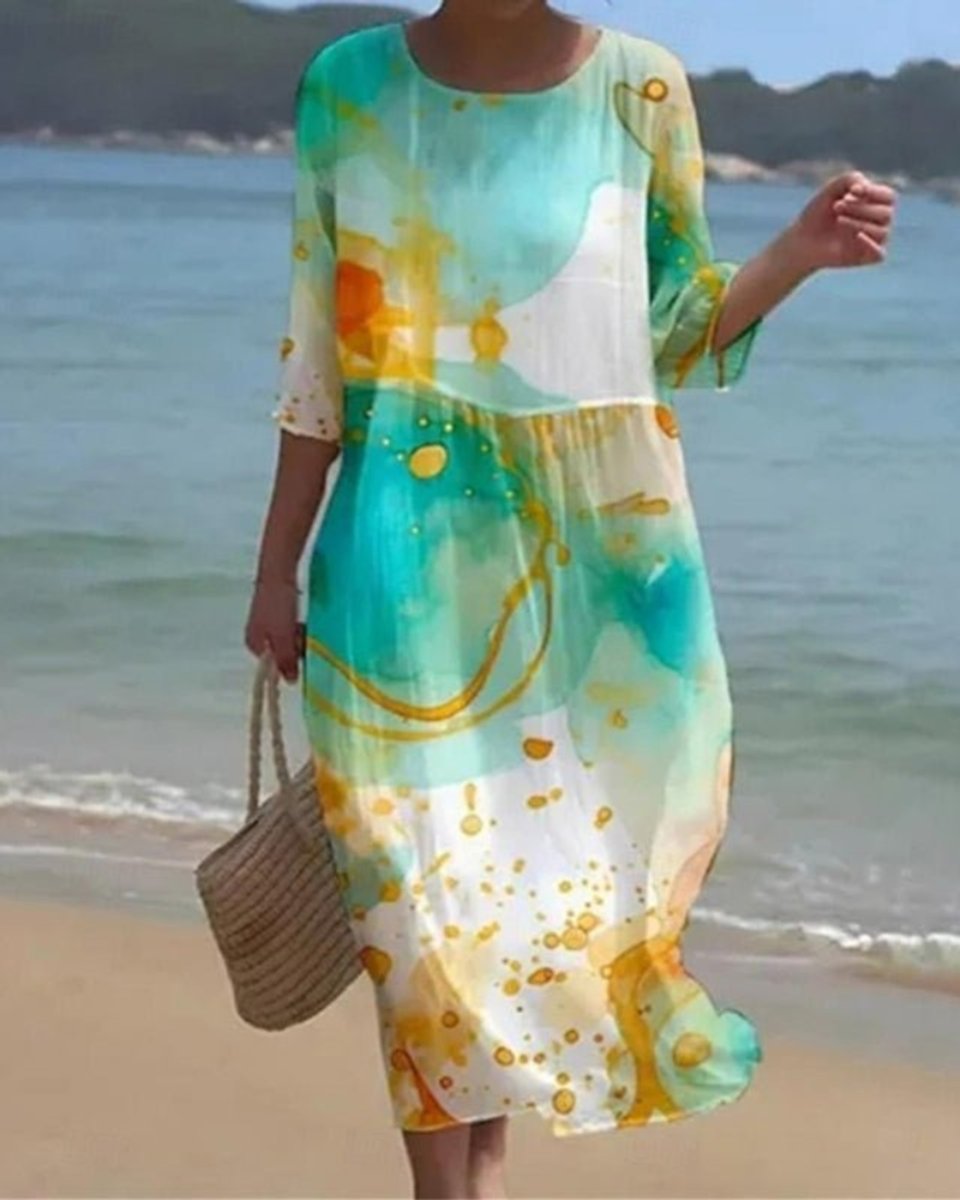 Ottavia | Mulher Vestido Midi Floral Manga 3/4 Gola Redonda