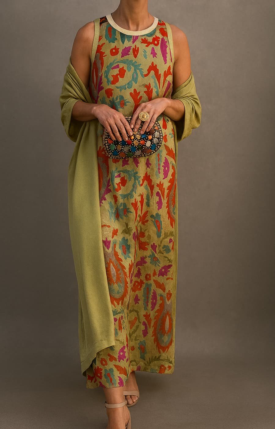 Xanthe | Mulher Vestido Maxi Floral sem Mangas com Casaco Conjunto