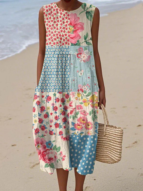 Bexcellent | Vestido Midi Feminino Patchwork Floral sem Mangas
