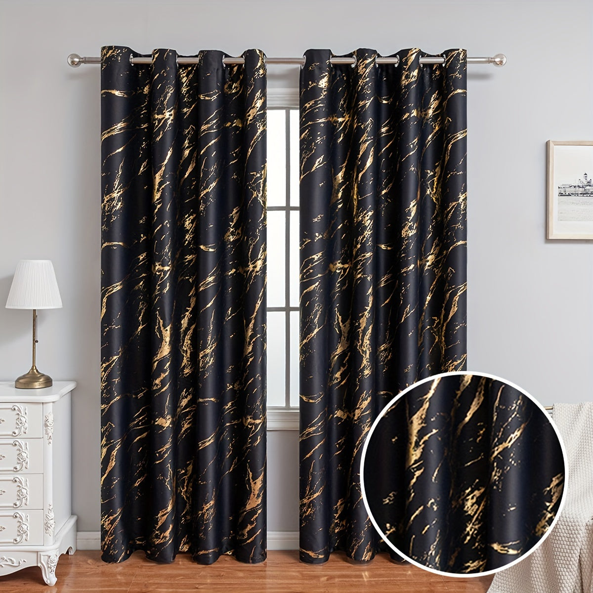 Aria | Cortinas Blackout | Estampa Mármore Bronzeado, 2 Peças | Sala e Quarto