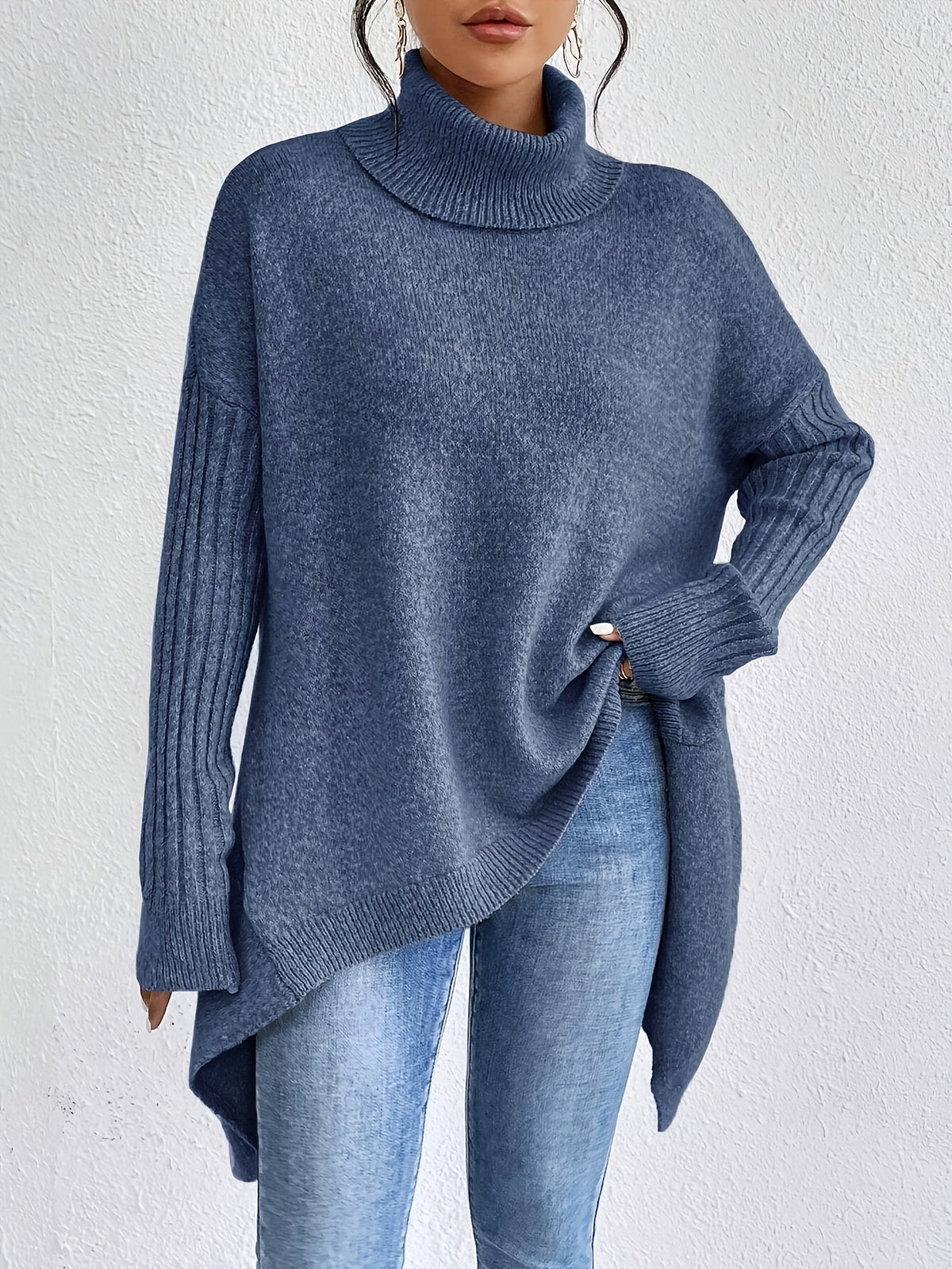Mulher Camisola Tricot Gola Alta Assimétrica