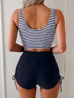 Bikini feminino 2 peças tankini cintura alta listrado azul e branco