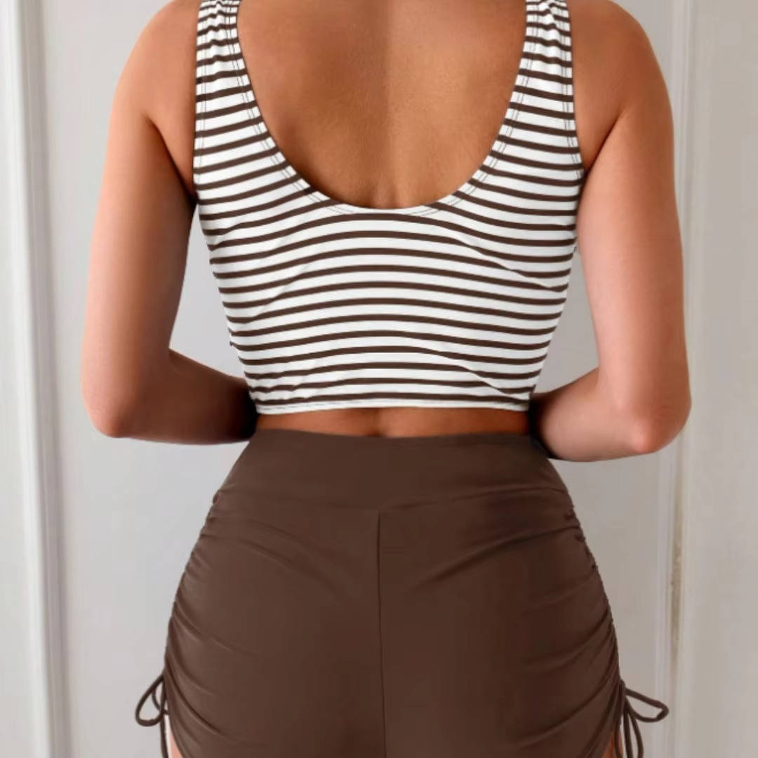 Bikini feminino 2 peças tankini cintura alta listrado azul e branco