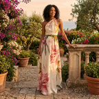 Faline | Vestido Longo Feminino Estampado Assimétrico Halter