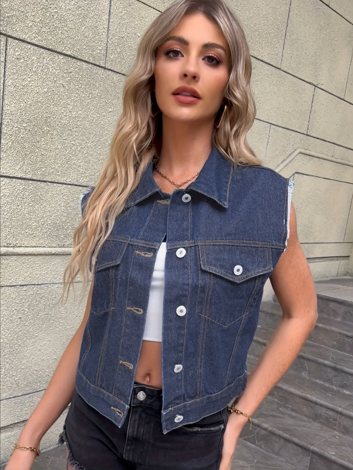 Maren | Mulher Colete Jeans com Bolsos Abas