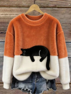 Wilhelmina | Camisola de Malha Color Block com Motivo de Gato