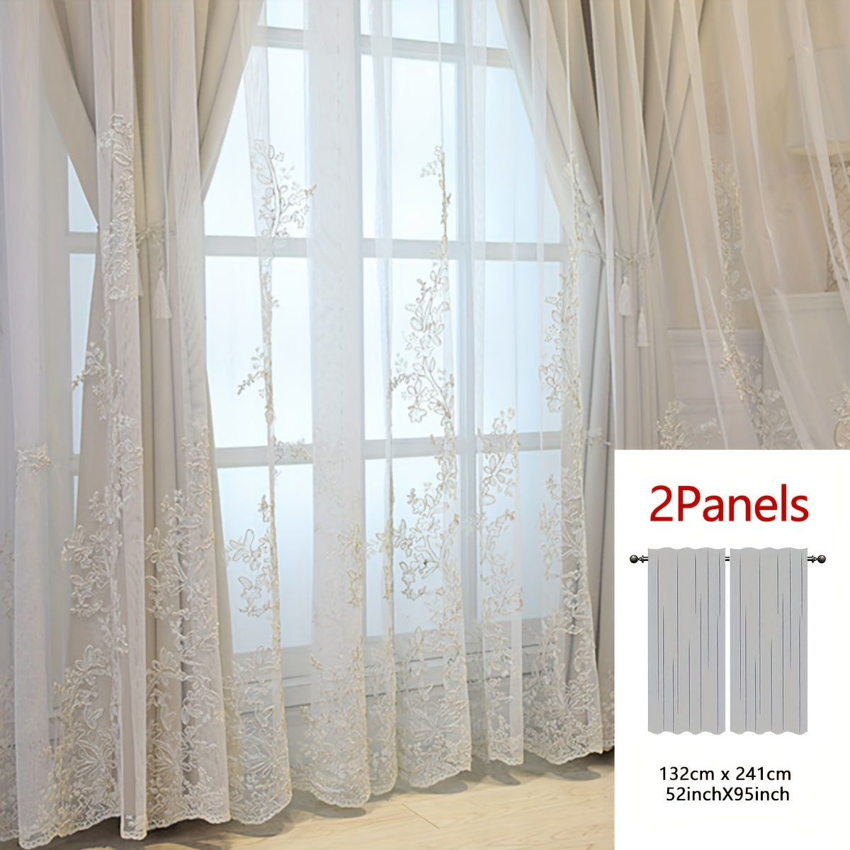 Reva | Cortinas Bordadas Fadas | Filtragem de Luz, Conjunto 2 Painéis | 100% Poliéster, Argolas