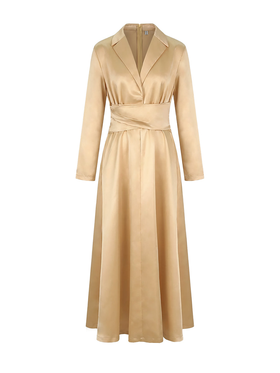 Una | Vestido Maxi Feminino Linha A Decote V Plissado Cintura Alta