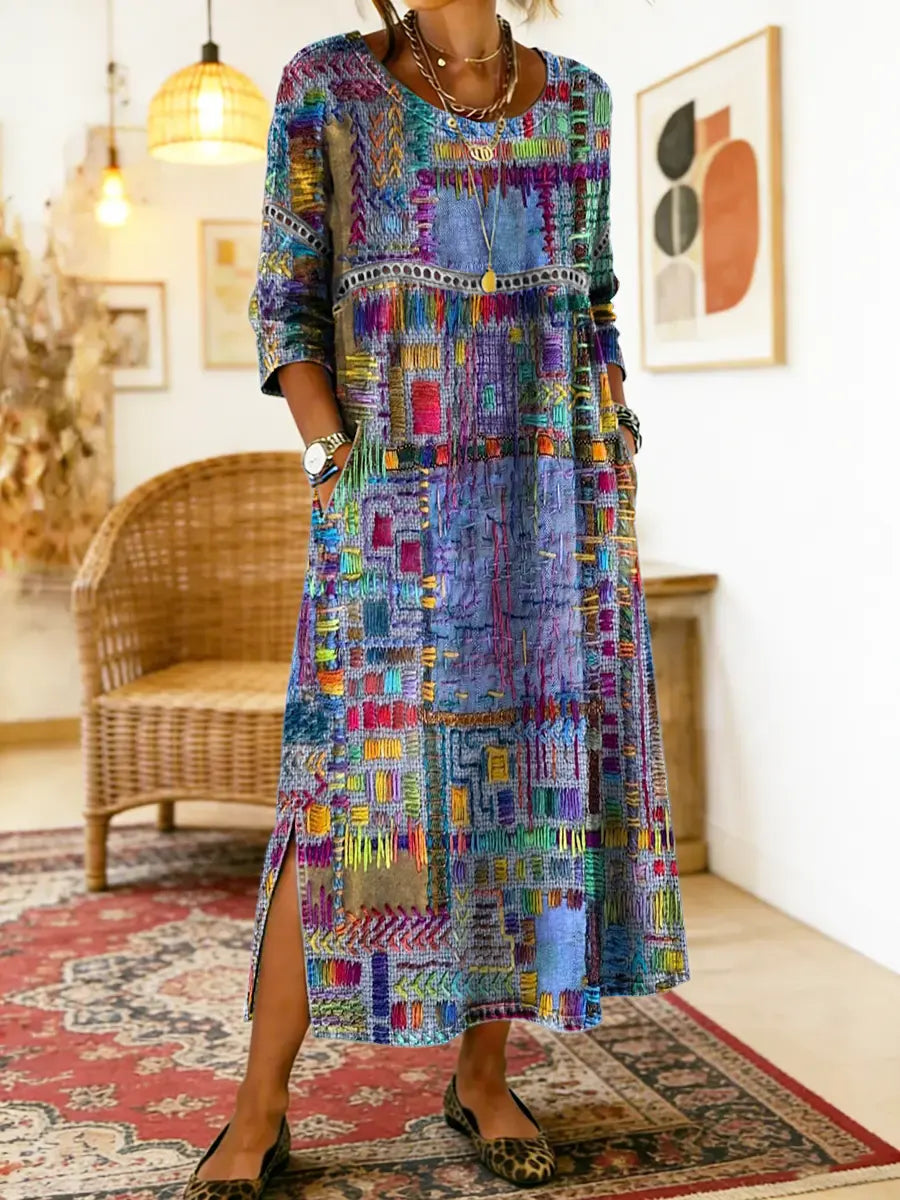 Lena | Vestido Jeans com Patchwork Étnico Feminino