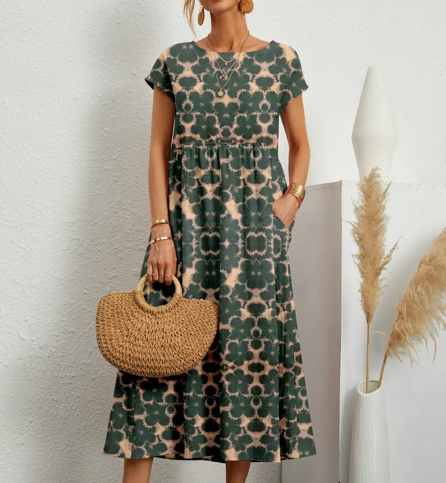 Vestido de Verão com Estampa Floral | Corte A, Manga Curta