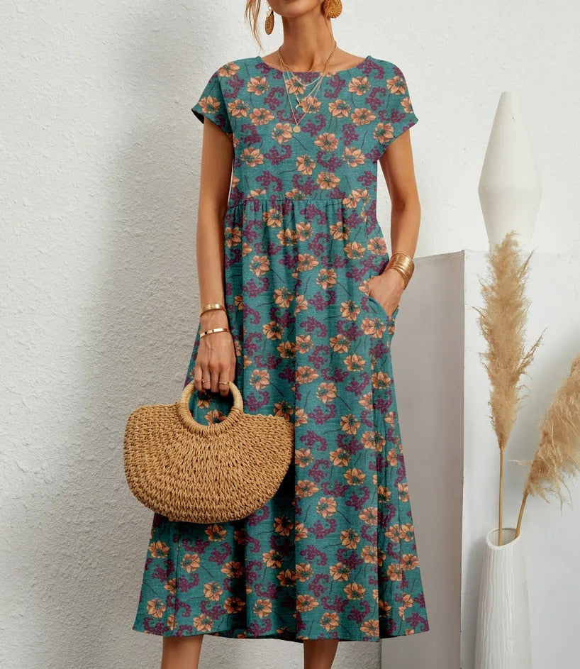 Vestido de Verão com Estampa Floral | Corte A, Manga Curta