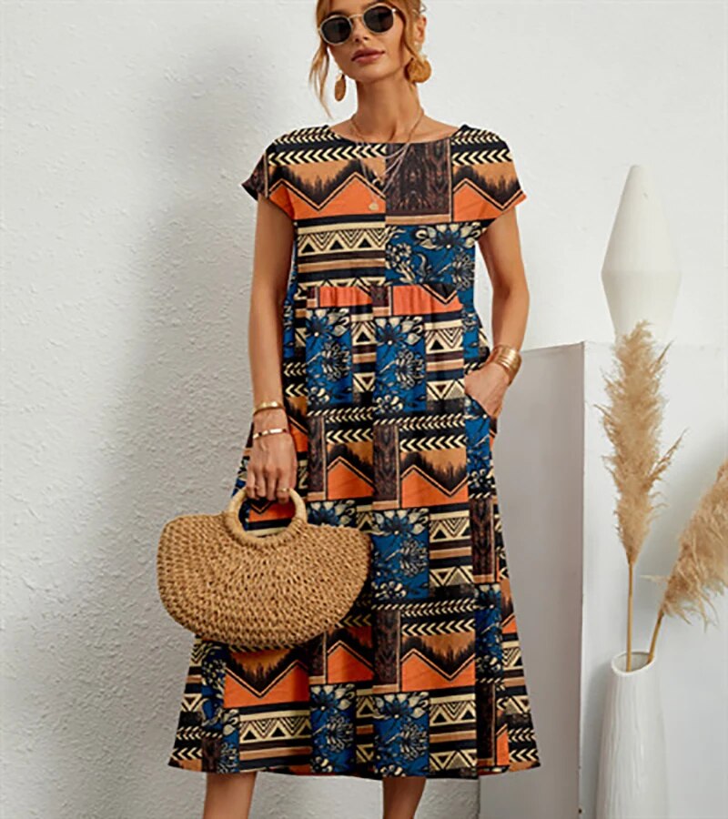 Vestido de Verão com Estampa Floral | Corte A, Manga Curta