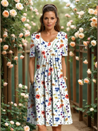 Vestido Midi Feminino | Estampa Floral, Decote V, Corte A